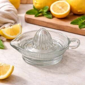 Vintage Glass Citrus Juicer Reamer Hand Press Clear Ribbed Kitchenware